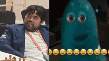 a man in a suit is next to a cartoon character with big eyes