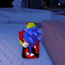 a cartoon character with blue hair is standing next to a purple block