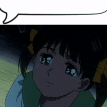 a girl with pigtails is crying with a speech bubble behind her