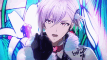 a purple haired anime character with a stained glass background behind him with a purple flower in the background
