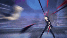 a person is holding a sword in their hand and a sword is flying through the air .