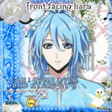 a picture of a blue haired anime character with the words " can i come over and stare at u "