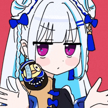 a drawing of a girl with white hair and blue bows holding a doll