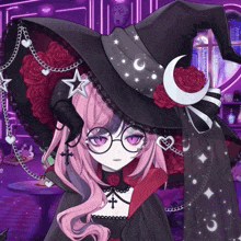 a girl with pink hair and glasses wearing a black witch hat