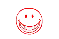 a black and red smiley face with a huge mouth and teeth on a white background .