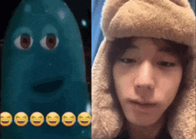 a picture of a cartoon character next to a picture of a man wearing a hat with smiley faces on it