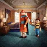 a man in a red robe stands next to a boy in a striped shirt in a bedroom