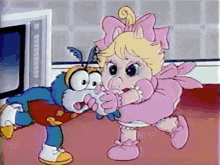 a cartoon of a baby in a pink dress holding a blue bug