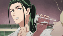a man with long green hair is looking at a woman holding a glass