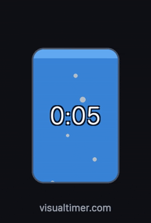 a blue screen with the time of 0:05 and visualtimer.com at the bottom