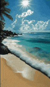 a painting of a tropical beach with palm trees and the sun shining through the clouds