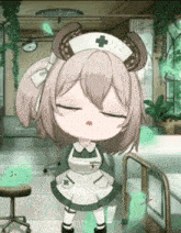 a nurse is standing in a hospital room with her eyes closed and a ghost flying around her .