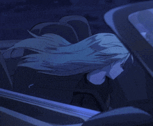 a girl with long blue hair is driving a car
