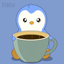 a penguin is holding a cup of coffee with the word pengu on the bottom right