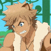 a close up of a cartoon character with a cat ear and a furry jacket .