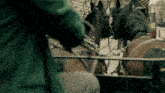 a man in a green jacket is riding a horse drawn carriage down a street .