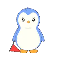 a blue and white penguin holds a red flag in its hand