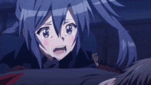 a girl with blue hair is crying and has the letter s on her sleeve