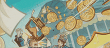 a cartoon drawing of a man holding a gun with coins falling around him