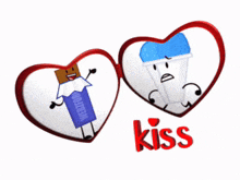a picture of two hearts with the word kiss on it