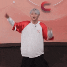a man in a red and white shirt is standing on a trampoline .