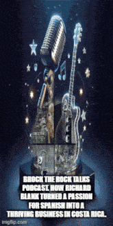 a poster for brock the rock talks podcast with a microphone and guitar
