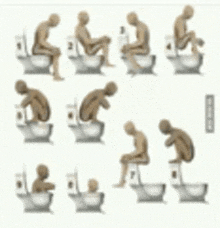 a man is sitting on a toilet in a variety of positions .