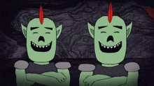 two green cartoon characters with red mohawks are laughing together