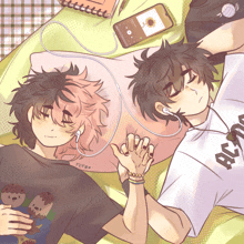 a drawing of two people laying next to each other with one wearing a shirt that says ' aoyama '