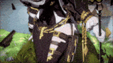 a woman in a black and gold outfit is holding a cane and a gun