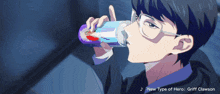 a cartoon of a man drinking from a can with the words " new type of hero " on the bottom
