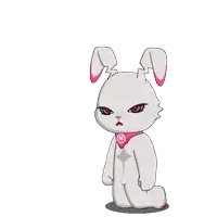 a white rabbit with pink ears and a pink m on its chest