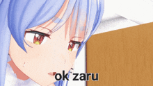 a close up of a girl with the words ok zaru written on the bottom
