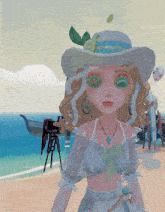 a cartoon girl wearing a hat with a lemon in it