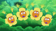 a group of cartoon flowers with a surprised face on them