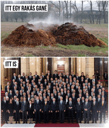 a group of people standing in front of a pile of dirt with the words itt egy rakás gane above them