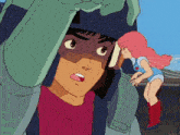 a girl with pink hair is standing next to a man with a helmet