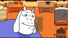 a cartoon of a goat with horns and glasses laying on a bed