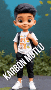 a boy with a backpack is wearing a white shirt that says karbon mutlu