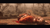 a man is laying on the ground with blood coming out of his mouth and the word mk is on the bottom