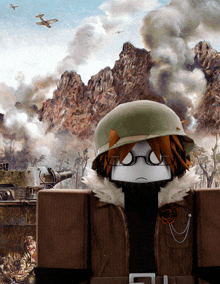 a cartoon character wearing a helmet and glasses stands in front of a mountain range