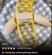 a banana is sitting on a checkered plate with the words an intriguing and perplexing device underneath it