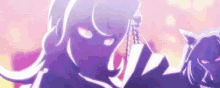 a close up of a person 's face with a purple background and a purple silhouette .
