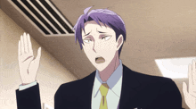 a man with purple hair and a suit and tie is making a funny face