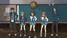 a group of anime characters are standing in front of a chalkboard that says " may day "