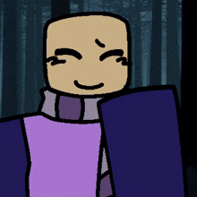 a cartoon character with a purple shirt and a purple jacket is smiling