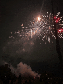 a fireworks display is being watched by a crowd of people
