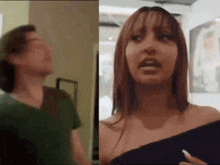 a man and a woman are standing next to each other . the woman is wearing a black off the shoulder top .