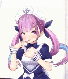 a girl with purple hair wearing a maid outfit with an anchor on her hat