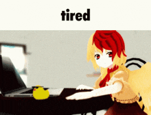 a picture of a girl sitting at a desk with the word tired written above her
